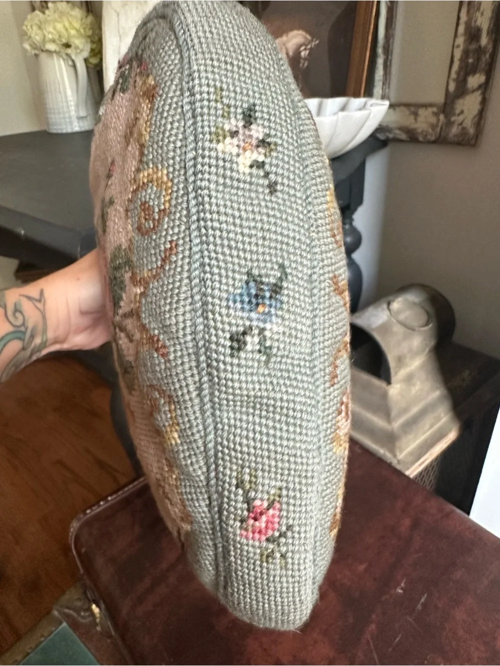 Vintage Floral Needlepoint Clear-Handle Women’s Bag